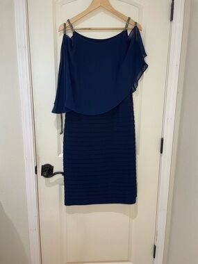 Adrianna Papell Navy Blue Asymmetrical Dress Size 14 Bling!